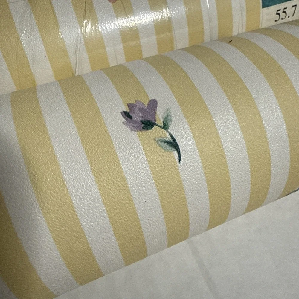 VTG Rolls Vintage Norwall Wallpaper Country Cottage Pastel Yellow Stripe Floral
